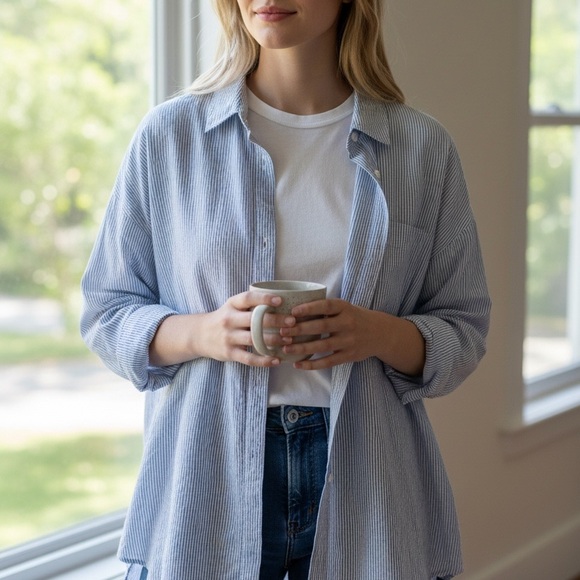 Lucky Brand Tops - Lucky Brand Light Blue Striped Button Down Shirt